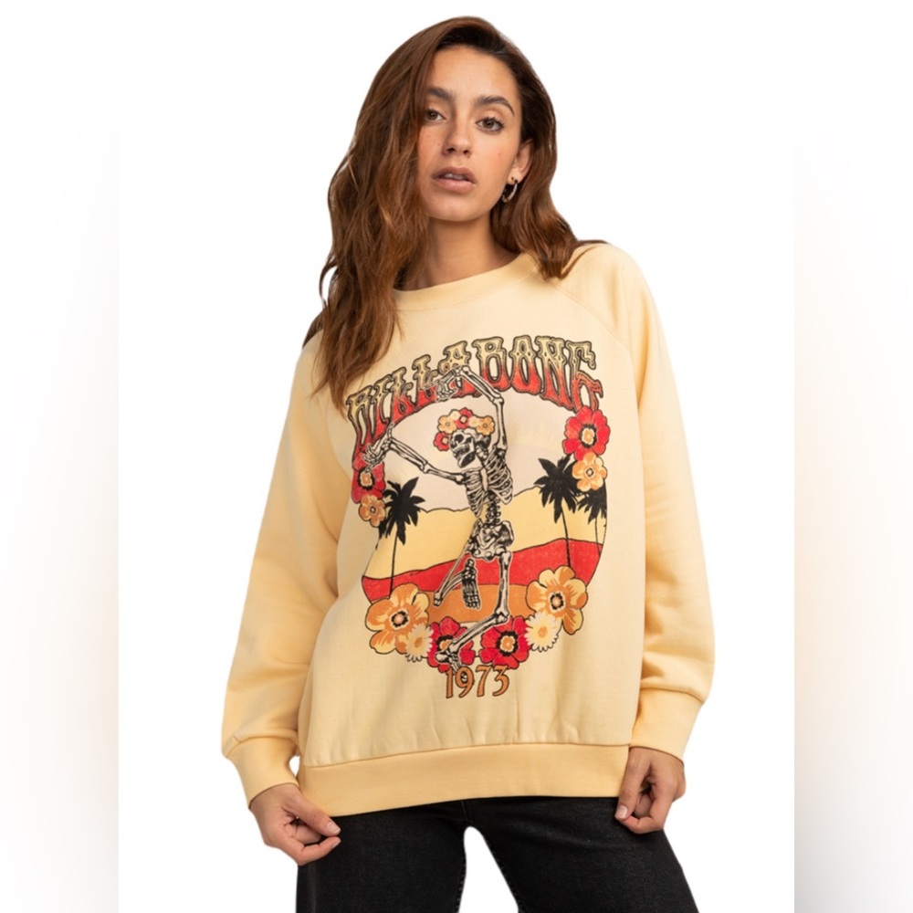 Billabong Cream Graphic Crewneck Sweater with skeleton and floral print